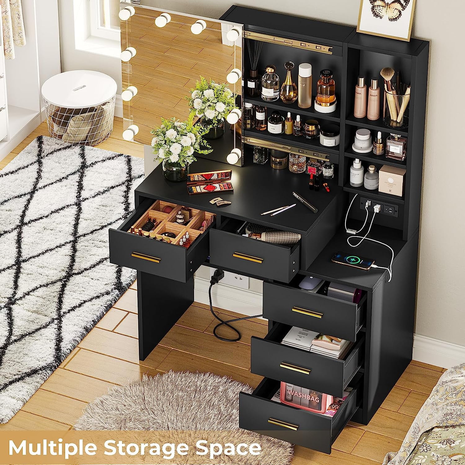 Vanity Table with Charging Station, Modern Dressing Table with 5 Drawers, Black