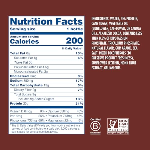 Ripple Vegan Protein Shake | Chocolate | 20g Nutritious Plant Based Pea Protein | Shelf Stable | No GMOs, Soy, Nut, Gluten, Lactose | 12 Oz, 12 Pack