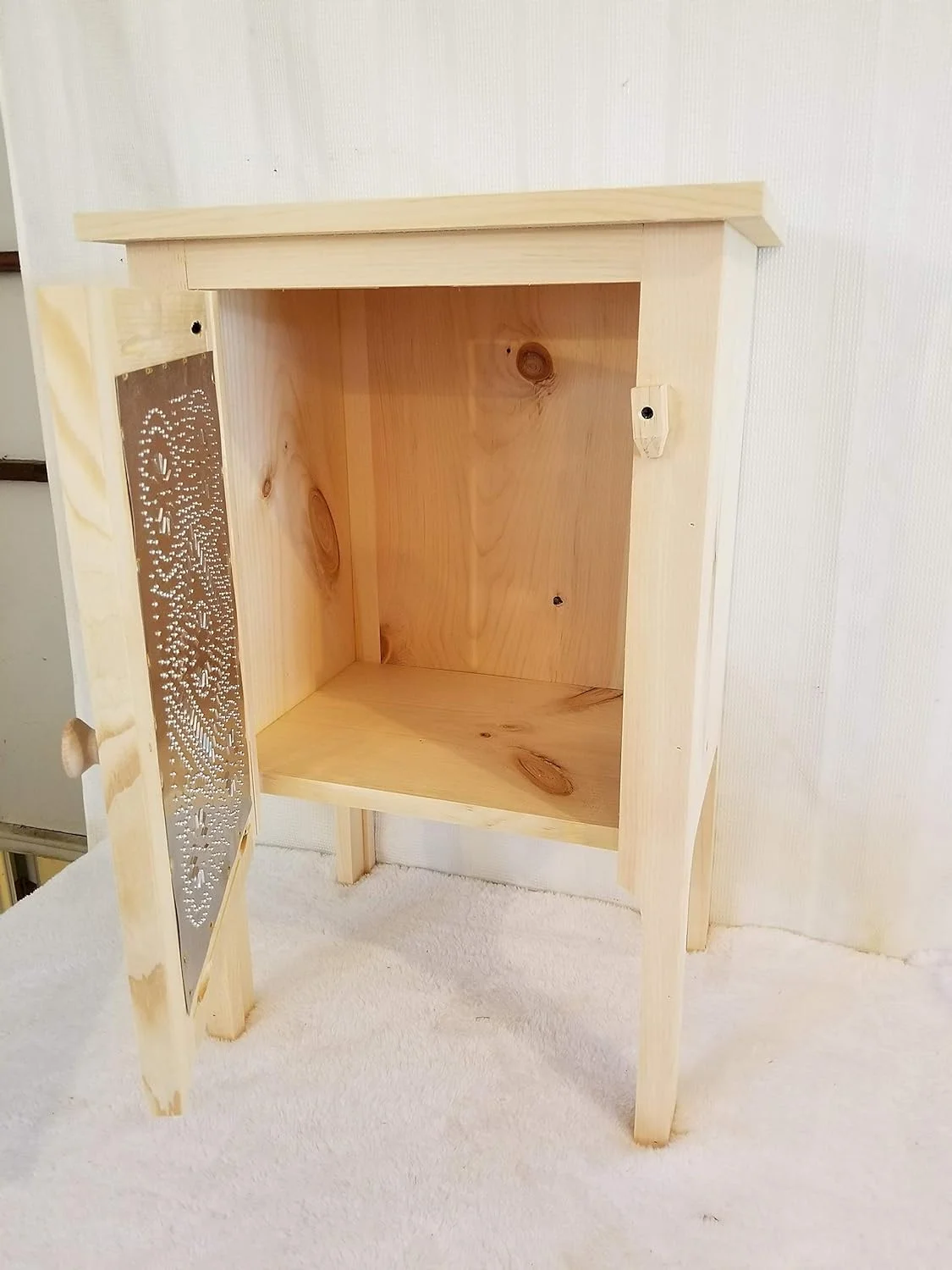 Kreations. Unfinished Pine Night Stand W/Tin Accent Door. Measures: 18 1/2