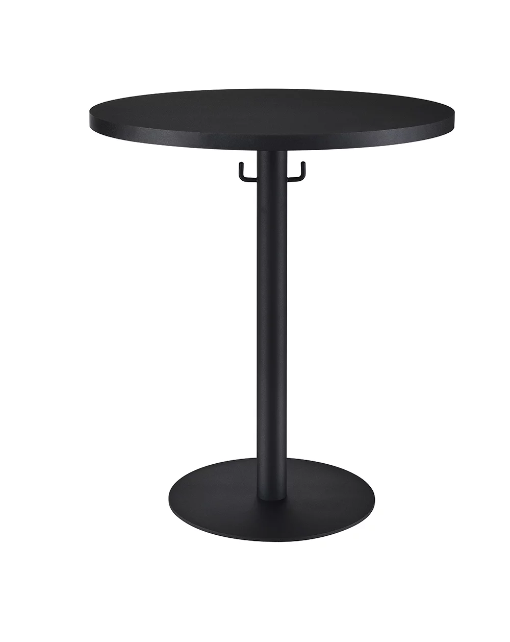 Proman Products Cava Round Solid Wood Coffee Table with Metal Base and Hooks for Bags Purses, Black