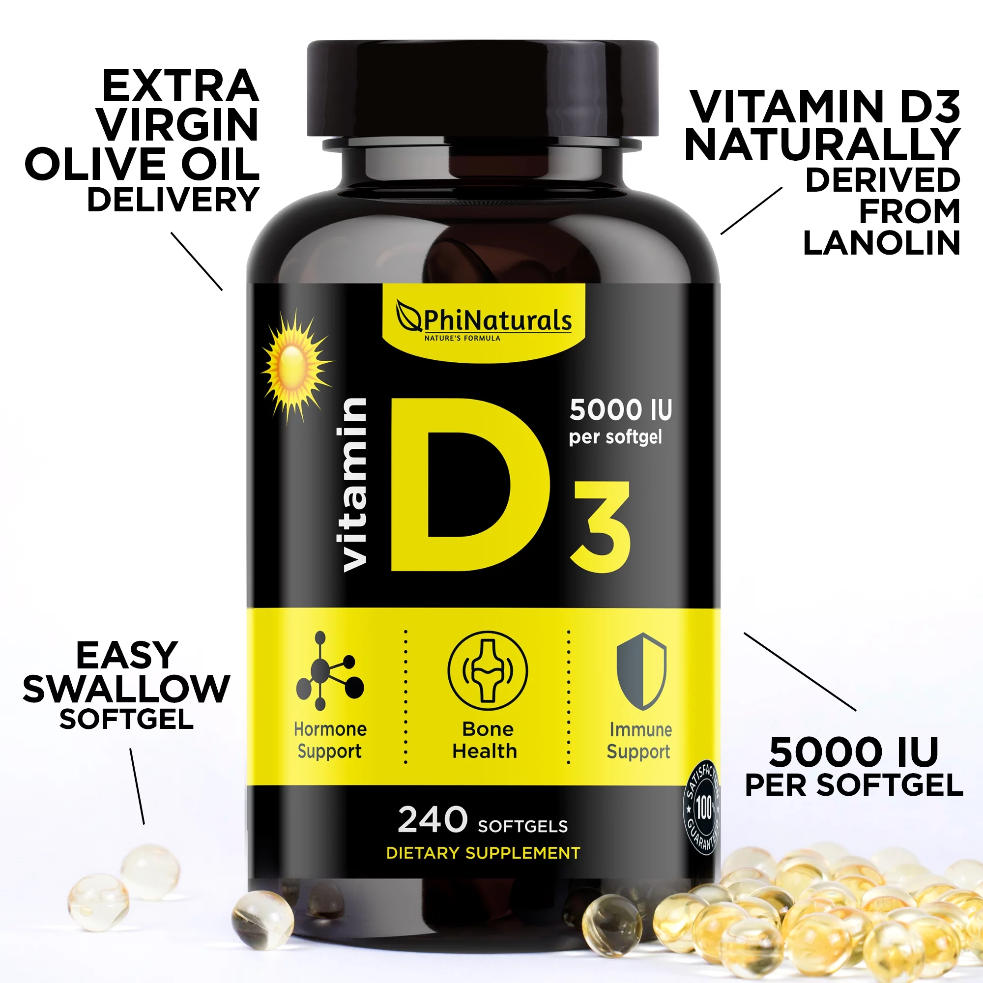 Vitamin D3 5000 IU Supplement (Pack of 2) Capsule by Phi Naturals