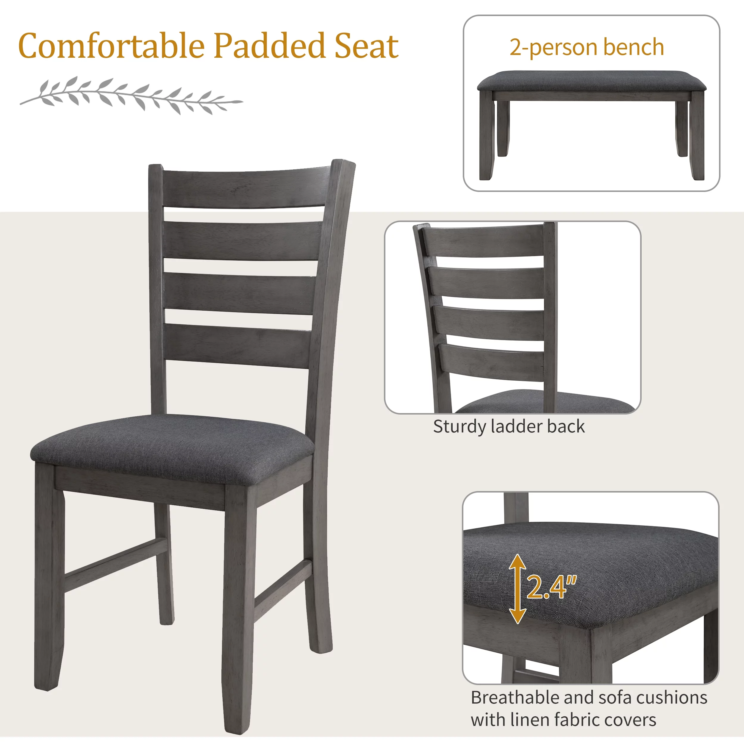 CoSoTower Dining Room Table And Chairs With Bench, Rustic Wood Dining Set, Set Of 6, Gray