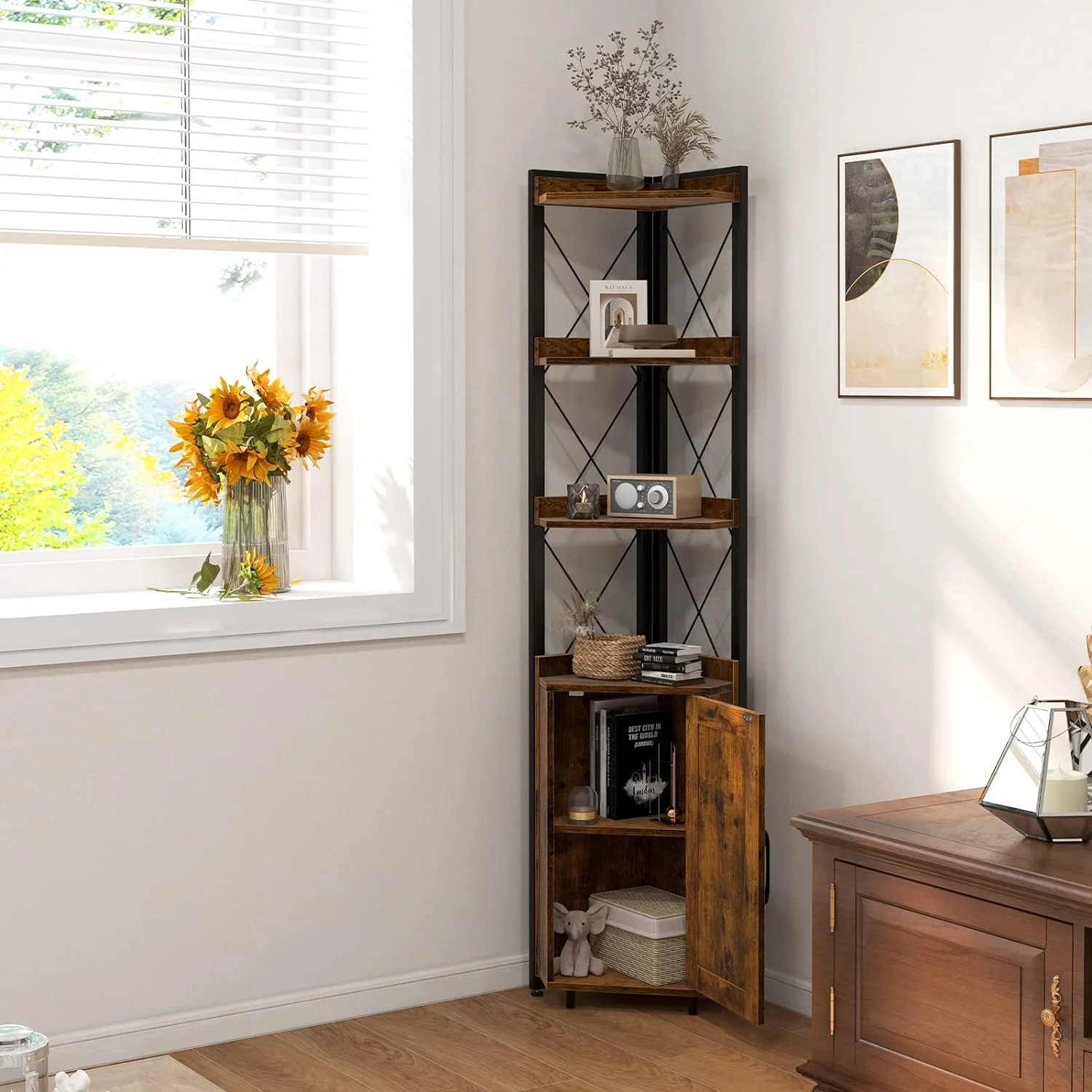 HOOMHIBIU 71 Inches Tall Corner   4-Tier Rustic Corner Bookshelf with  Cabinet  Industrial Corner  Stand with Adjustable  for Living Room  Kitchen  Small Space