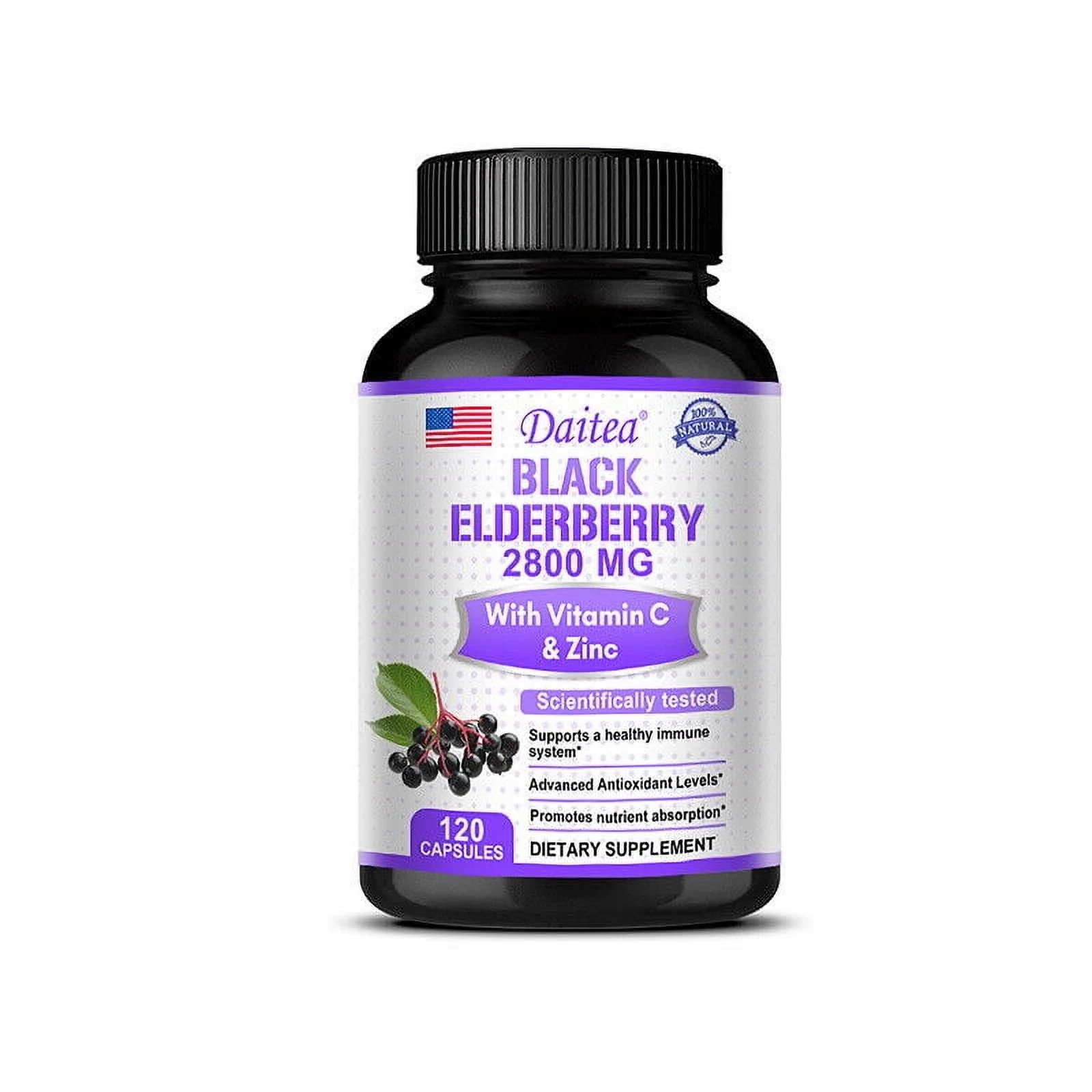 Black Elderberry 2800 mg With Vitamin C & ZINC Immune System Booster 120 Capsules