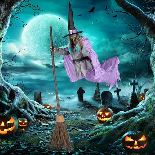 6FT Flying Witch Halloween Decor on Broom, Animated Hovering Witch Flying Witch Decorations with Scary Sounds and Lights for Garden Yard Lawn Outdoor Indoor Home Decor