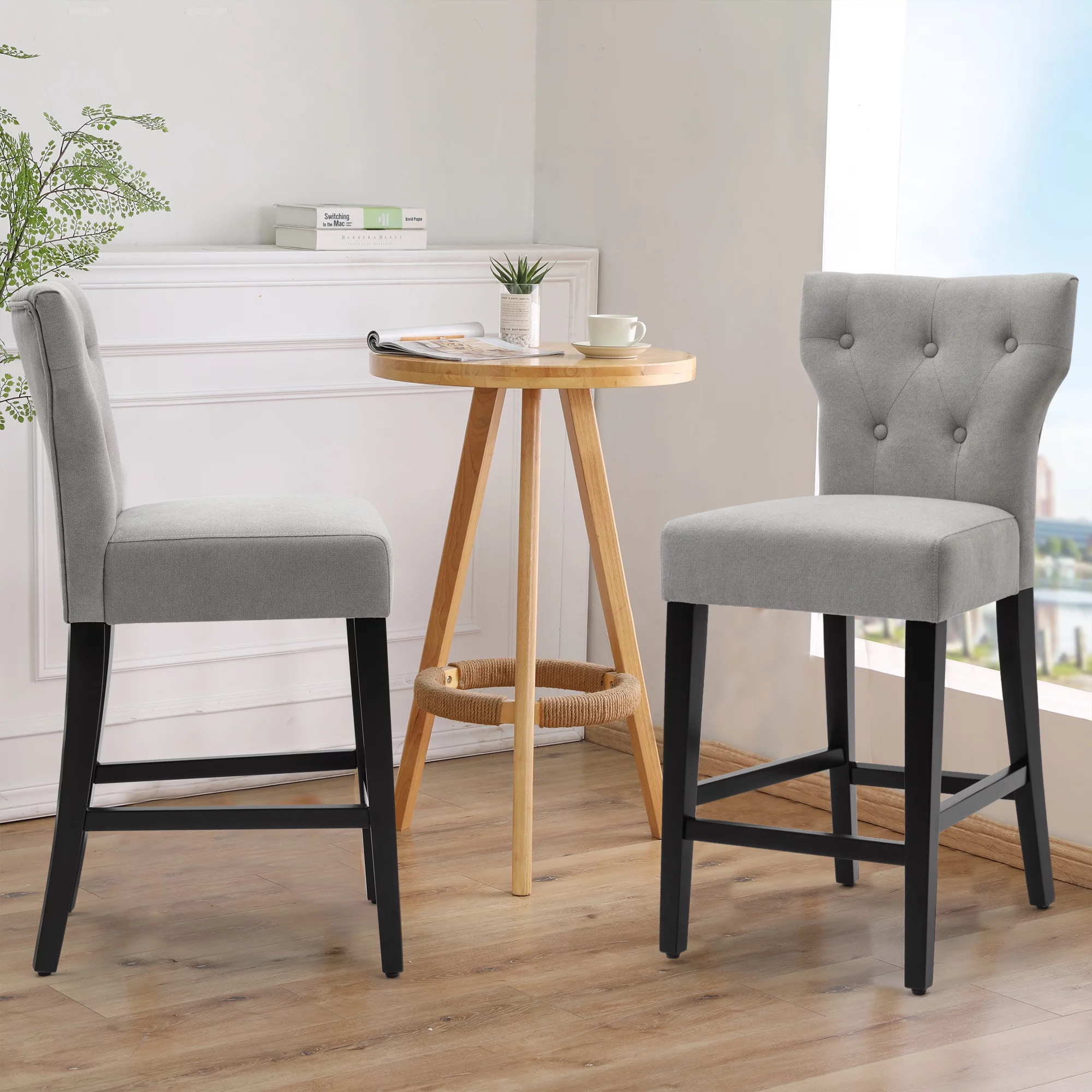 Modern Counter Height Wood and Fabric Bar Chair, Tall Wingback Style Bar Stool, Set of 2, Gray