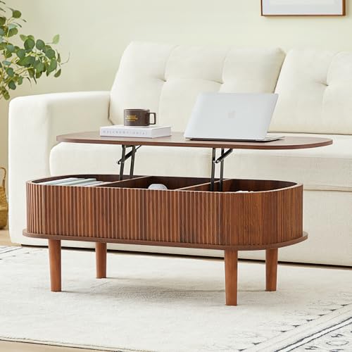 Fluted Lift Top Coffee Table with Hidden Compartment, Fully Assembled Wooden Center Table, Modern Oval Lift Tabletop for Home Living Room Office, Natural