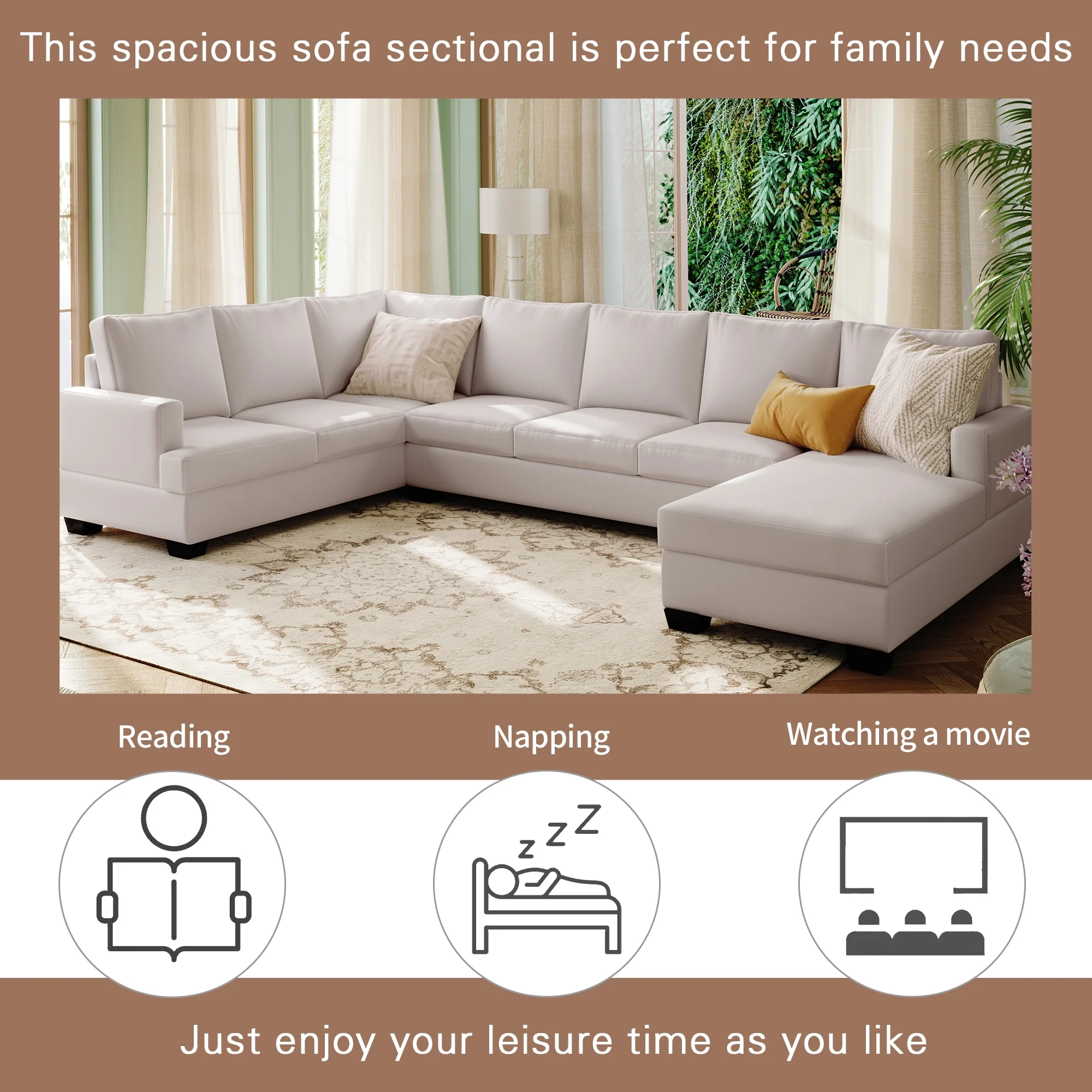 Dawn Whisper Modern Large Upholstered U-Shape Sectional Sofa, Extra Wide Chaise Lounge Couch, Beige