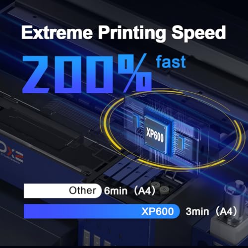 DXZ A4 DTF Printer with Roll Feeder-XP600 Doubled Printing Speed Compared to L1800 and L805,Built-in White Stirring System for DIY T-Shirt,2-Year Ink Included (Printer+Oven)