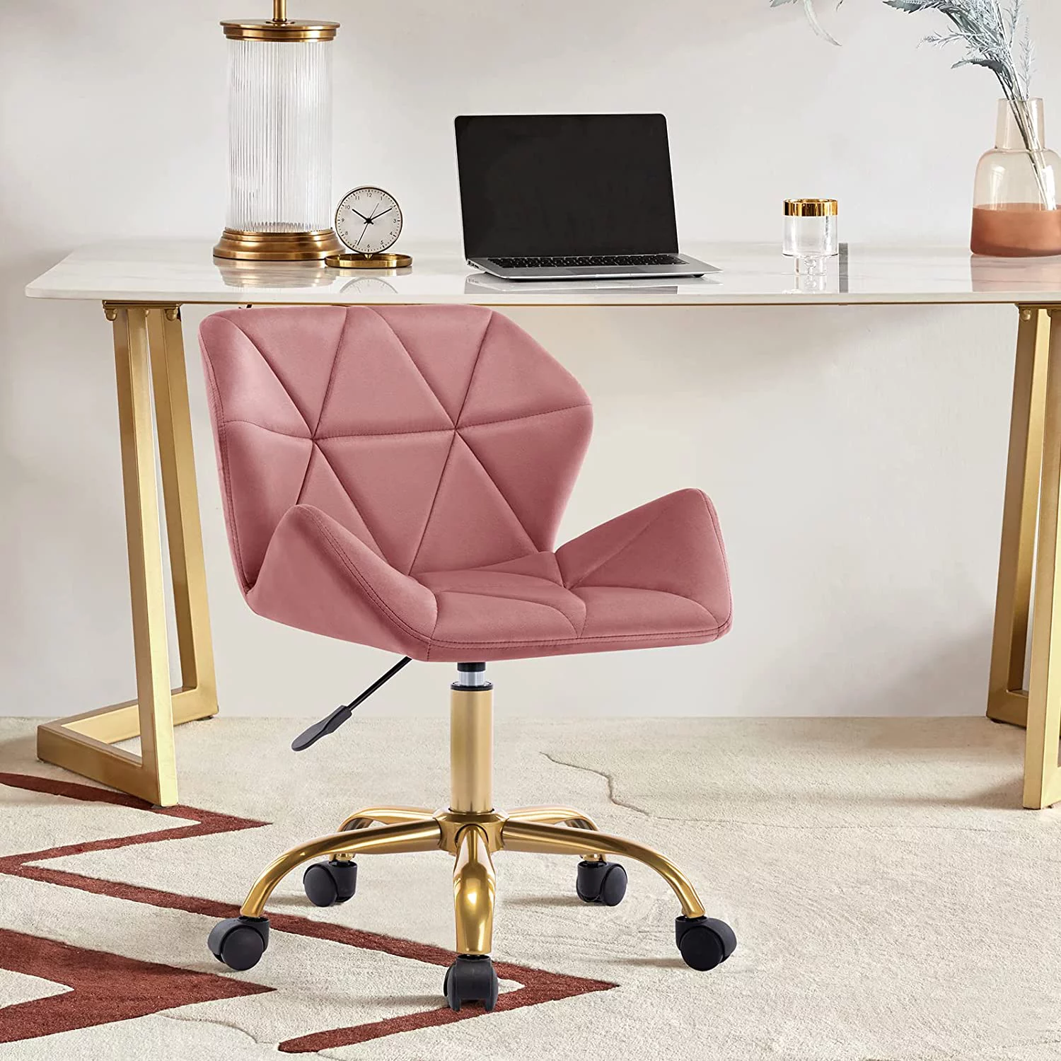 Duhome Cute Office Chair Velvet Desk Chair for Teen Girls Armless Rolling Chair Vanity Chair for Bedroom Adjustable, Pink and Gold