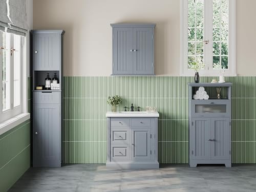 ChooChoo Bathroom Floor Storage Cabinet with Flip Glass Drawer, Freestanding with 2 Doors, Adjustable Shelf & 1 Open Storage for Living Room, Hallway, Navy Blue