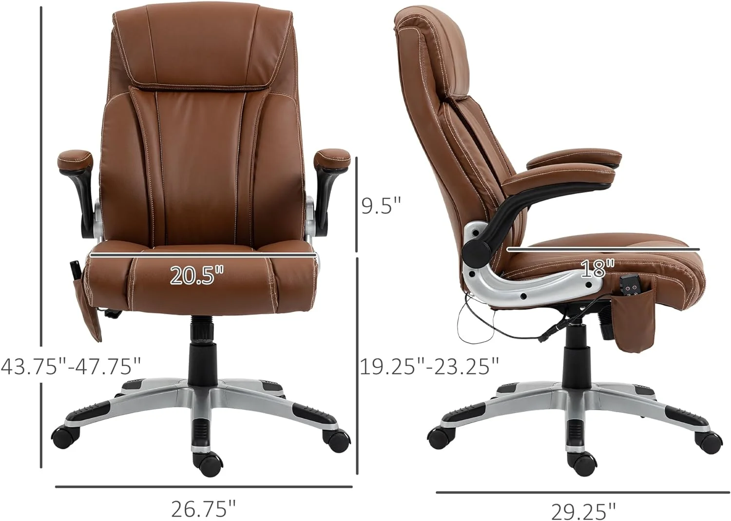 Executive Massage Office Chair With 6 Vibration Points, Heated Faux Leather Computer Desk Chair With -Up Armrest, Adjustable Height, Swivel Wheel, Brown