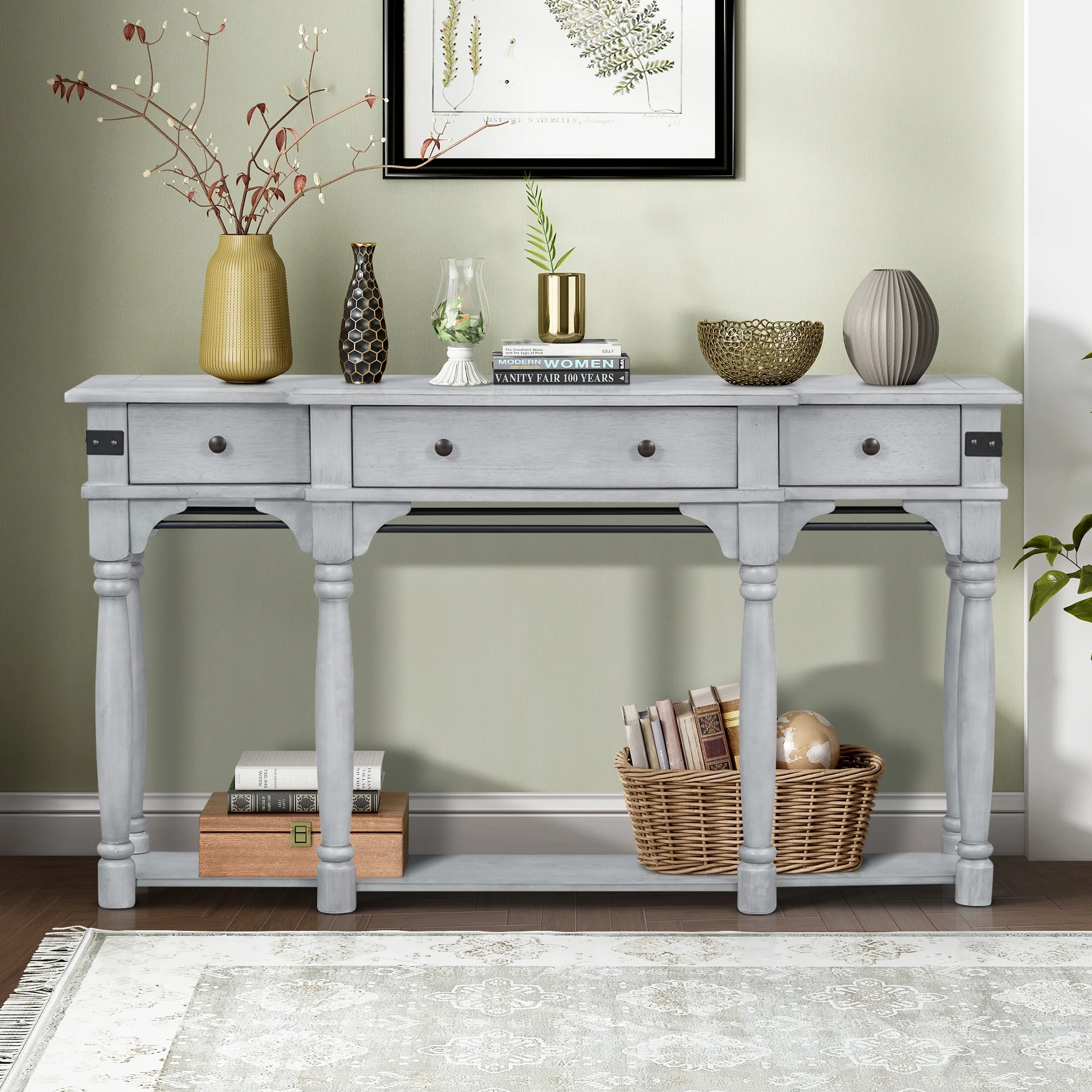 Atumon Storage Console Table, Sofa Side Table, Retro Console Table with 3 Drawers and Bottom Shelf, Wood Console Table, Buffet Sideboard for Entryway Hallway Living Room, 60