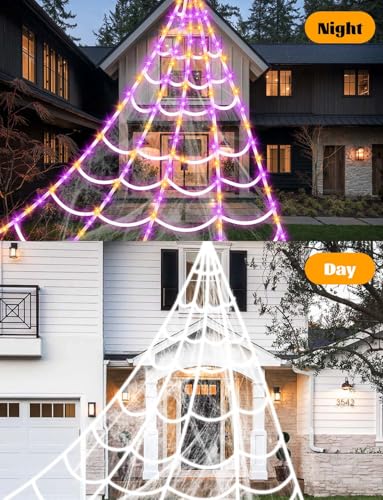 Giant Spider Webs Halloween Decorations - 250 LEDs Outdoor Halloween Decor Lights,16.4FT Net, 4Ft Light-up Spider, 8 Modes,Waterproof & Timer for Yard Porch Garden,Outside Costumes Party (with Spider)