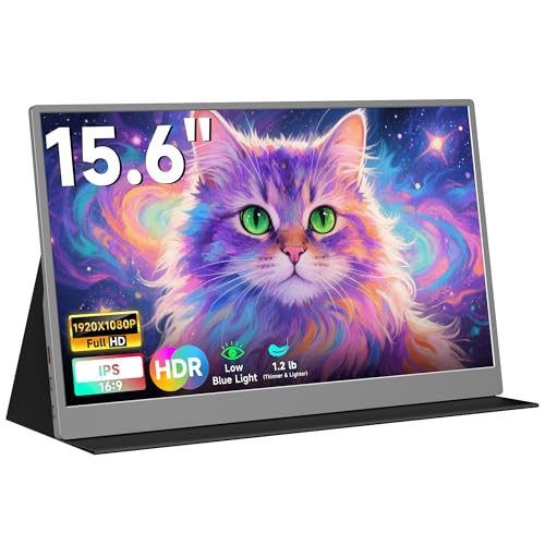 AYY Portable Monitor 15.6inch 1080P FHD USB-C, HDMI Computer Display HDR IPS Gaming Monitor w/Premium Smart Cover & Screen Protector, Speakers, for Laptop PC MAC Phone PS5 Xbox Switch, Black