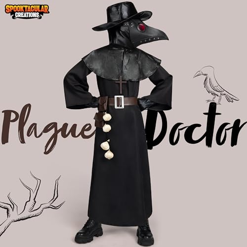 Spooktacular Creations Black Plague Doctor Costumes Set, 10 in 1 Halloween Costume Beak Mask Plague Dr Outfit for Kids (X-Large)