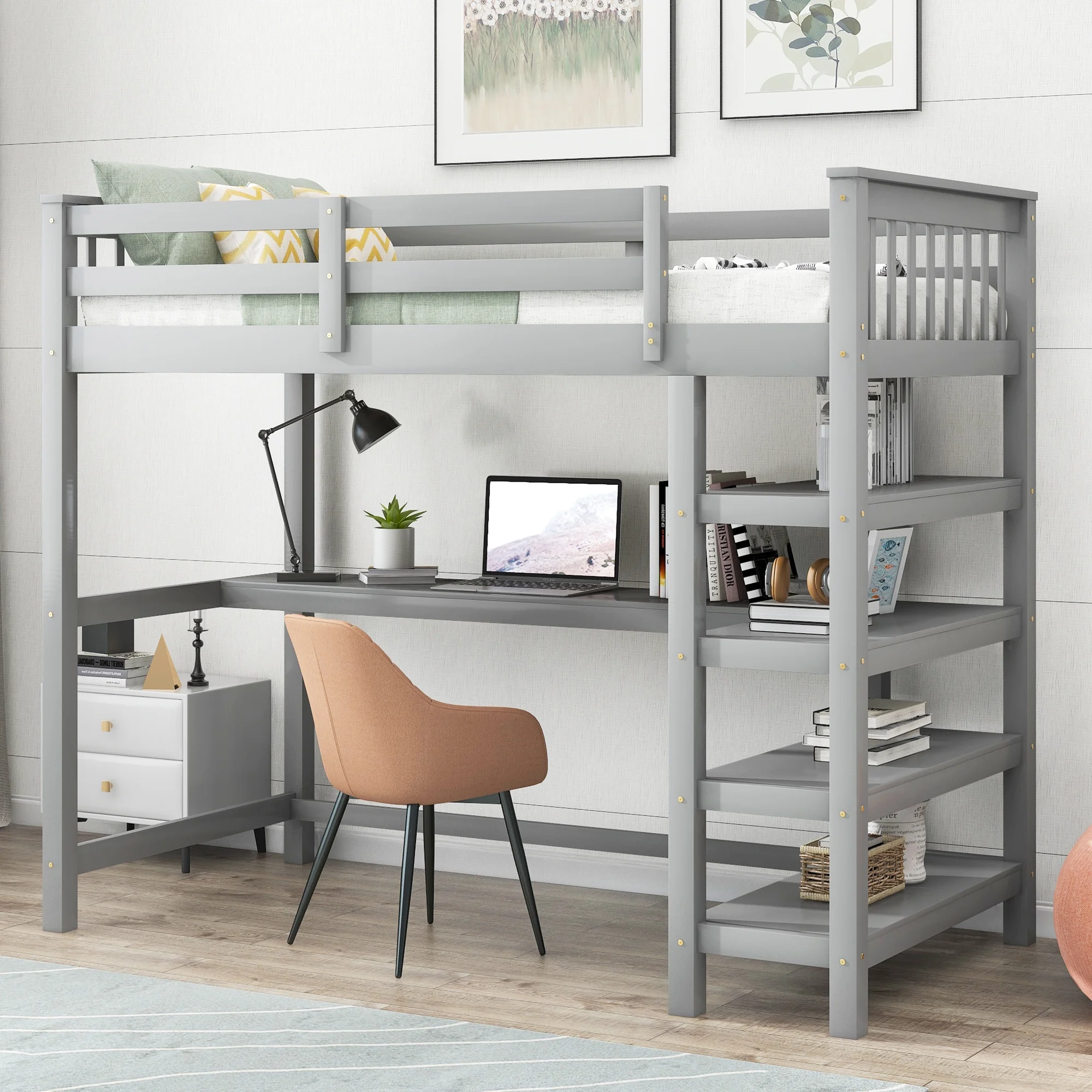 Euroco Twin Size Loft Bed with Built-in Desk and Shelves for Kids Teens Adults, Gray