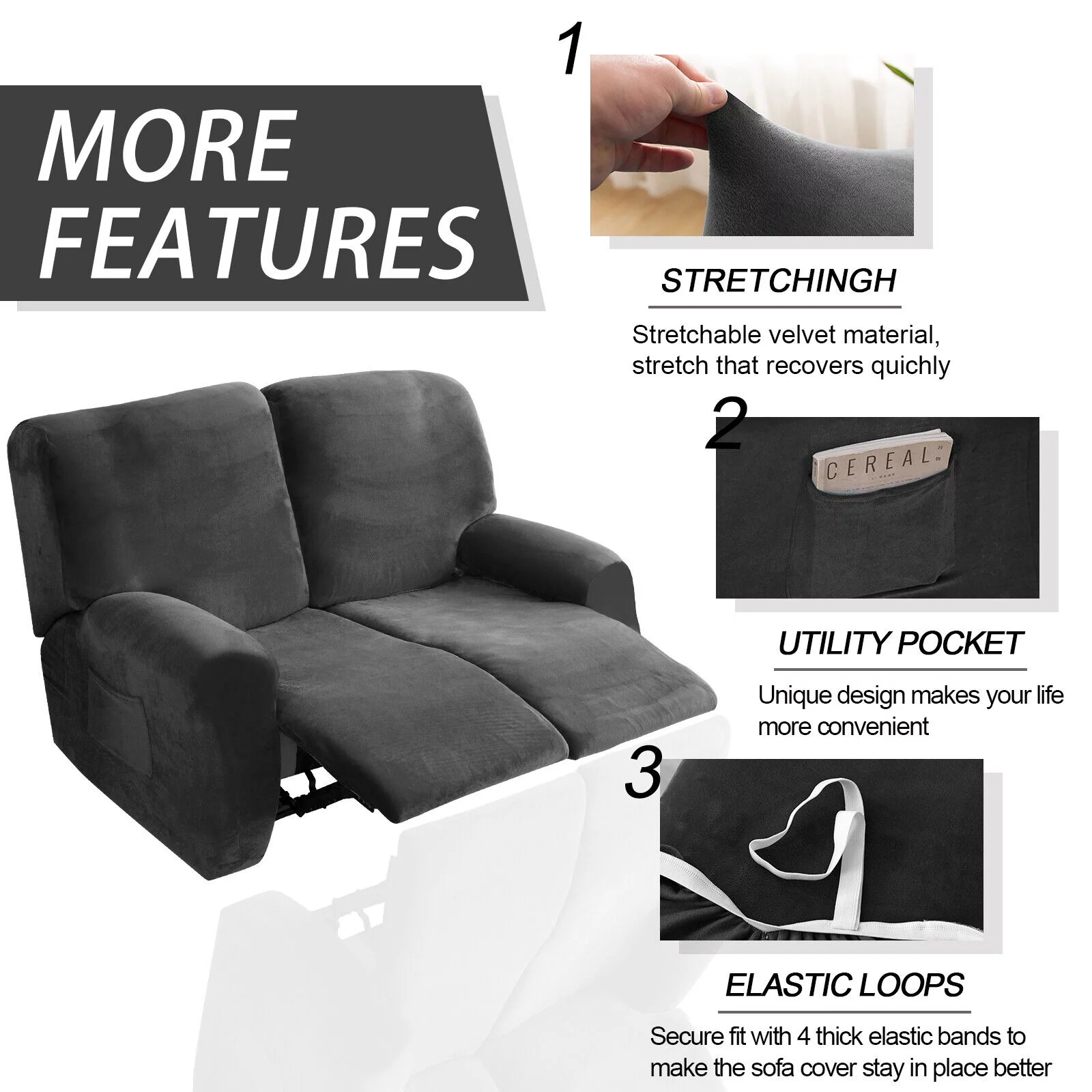 Stretch Recliner Loveseat Cover, 6 Pieces 2-Seater Sofa Slipcovers Non-slip Recliner Cover with Pocket, Dark Grey