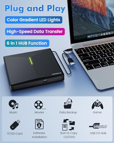 External CD DVD Drive for Laptop, USB 3.0 Type-C Ultra Slim 13mm DVD Player Portable CD DVD +/-RW Drive CD Burner Reader Writer Recorder for Desktop PC Windows 11/10/8/7 Linux Mac OS (Black)