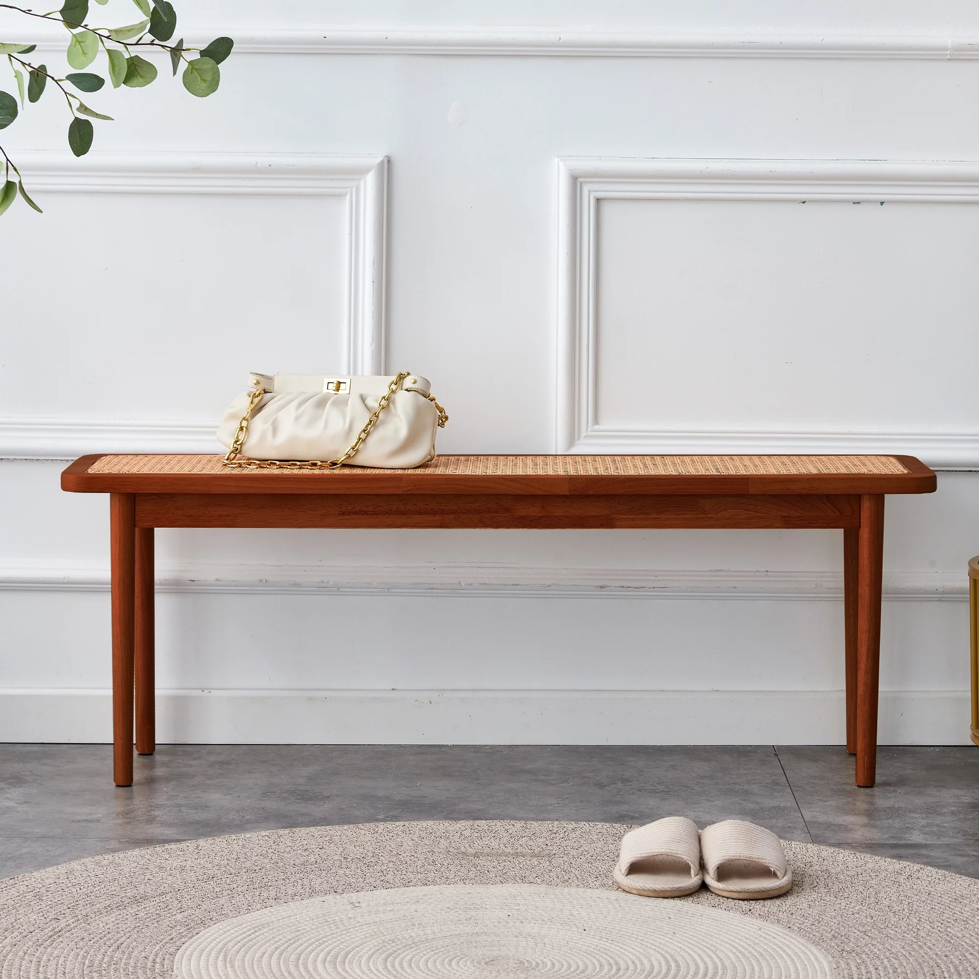 Ufurpie Solid Wood Bench with Rattan Woven,Dining Chair,Bed End Stool,Shoe Stool,Living Room,Dining Room,Hallway,Walnut