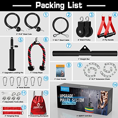 SERTT Weight Cable Pulley System Gym, Upgraded Cable Pulley Attachments for LAT Pull Down, Biceps Curl, Tricep, Arm Workouts - Home Gym Add On Equipment