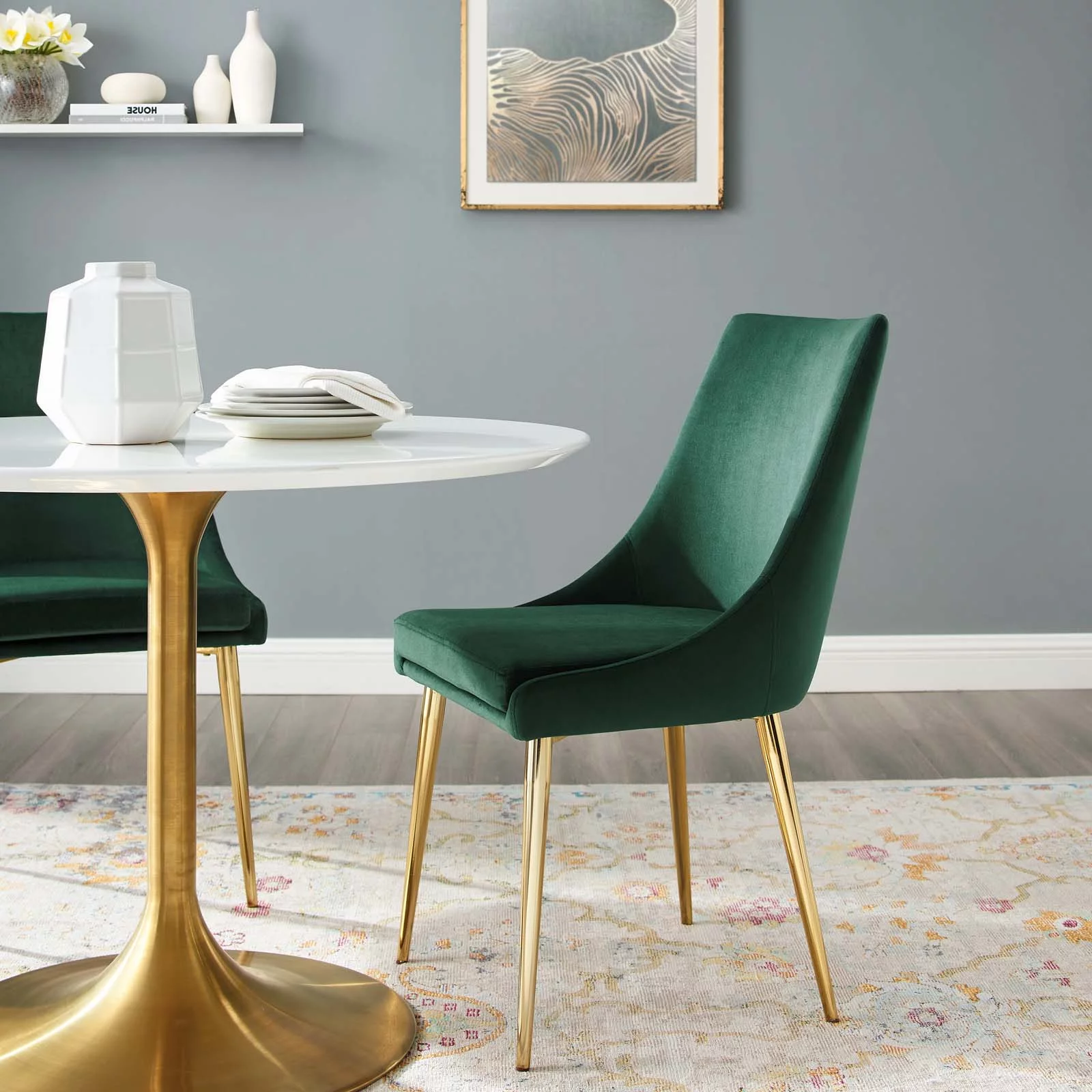 Contemporary Modern Urban Designer Dining Kitchen Room Side Dining Chair, Velvet Fabric Metal Steel, Green