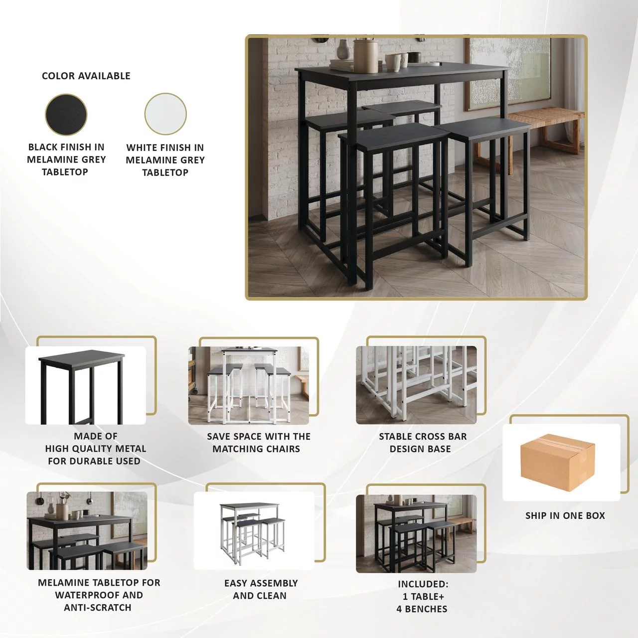 Castle Place Modern 5-Piece Counter Height Metal Dining Set, White