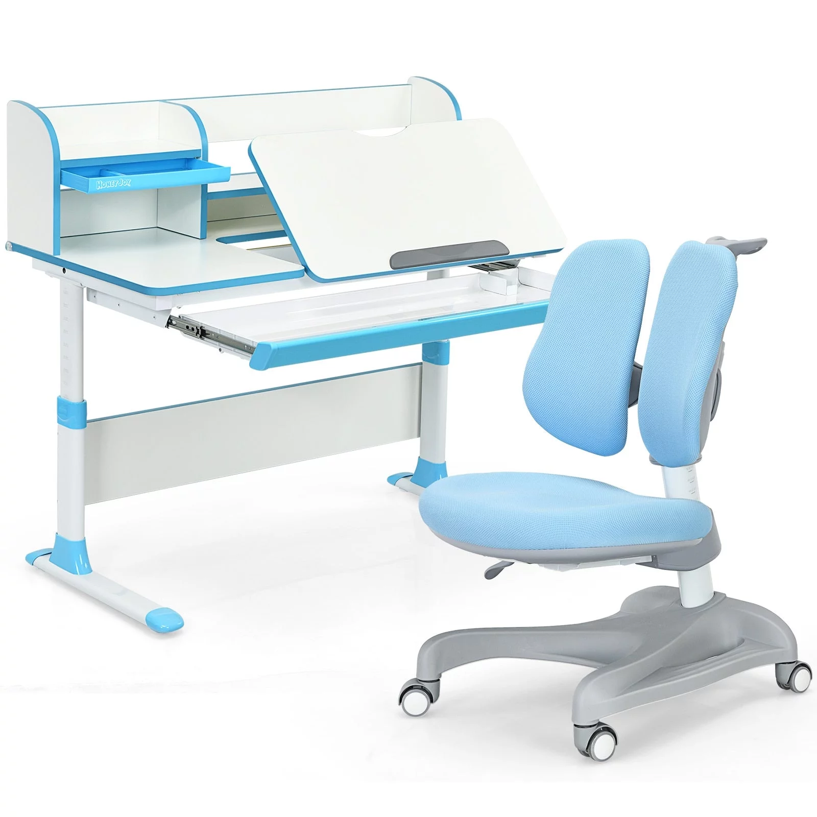 Blue Adjustable Kids Study Desk Drafting Table Chair Set w/ Bookshelf
