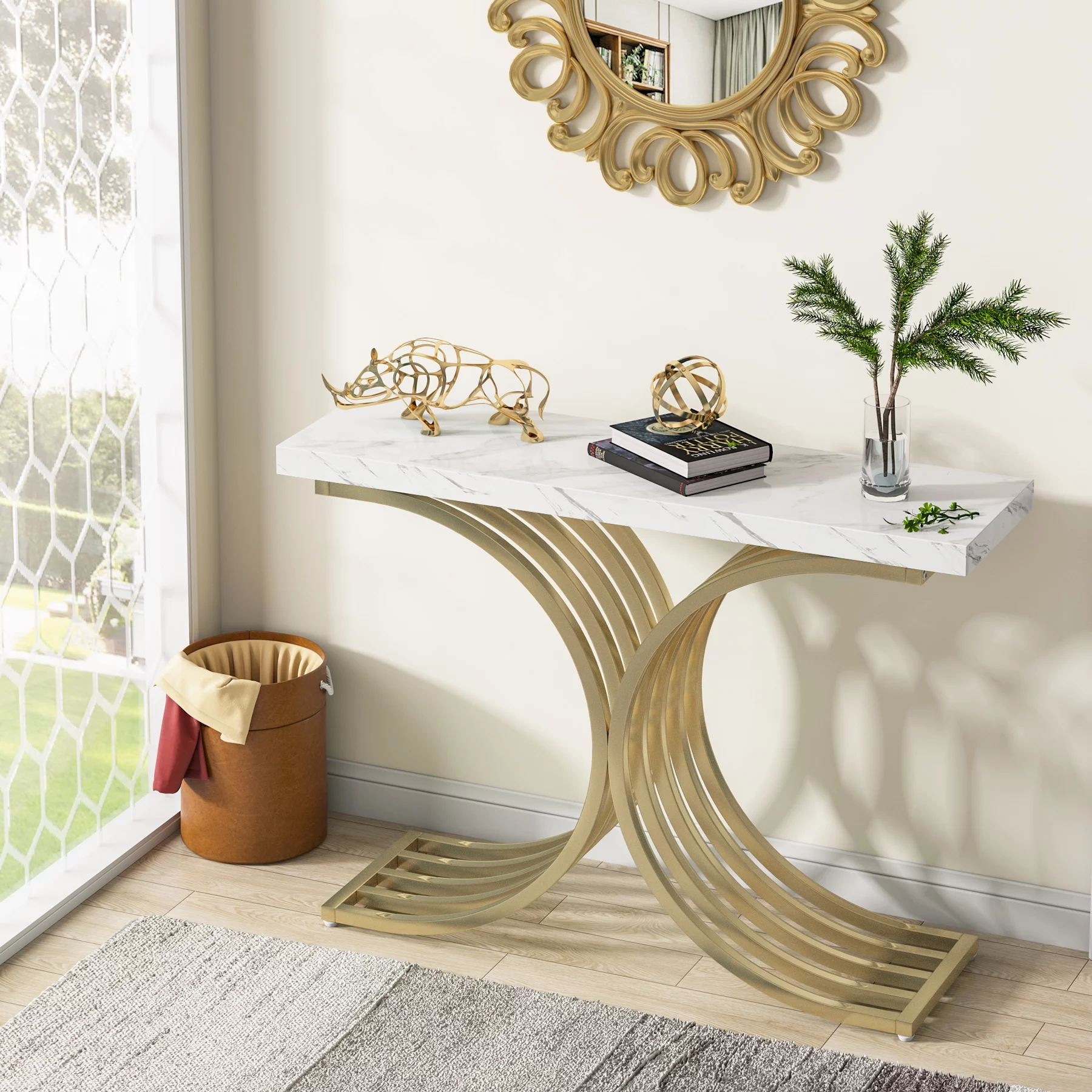 X-Base Gold and White Console Table, Narrow Sofa Accent Table with Faux Marble Top for entrance, Hallway