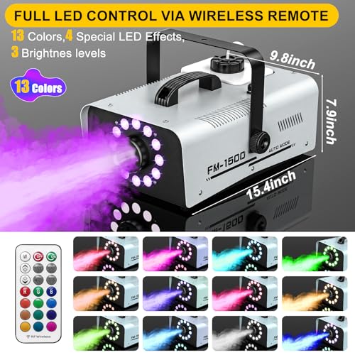 Fog Machine Outdoor Halloween, 1500W 20000CFM Smoke Machine with LED Lights, 2L Tank, 13 Colors & 4 Light Modes, Dual Wireless Remotes, Ideal for Indoor Parties, Stages, Weddings, DJ, Events