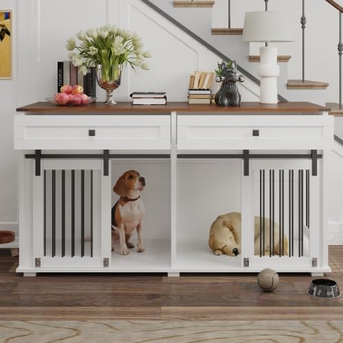 63'' Double Dog Crate Furniture for 2 Dogs, XXL Wooden 2 Dog Kennel, Wooden Dog Kennel with 2 Drawers,Divider and Sliding Door, Indoor Furniture Style Dog Crate End Table, White