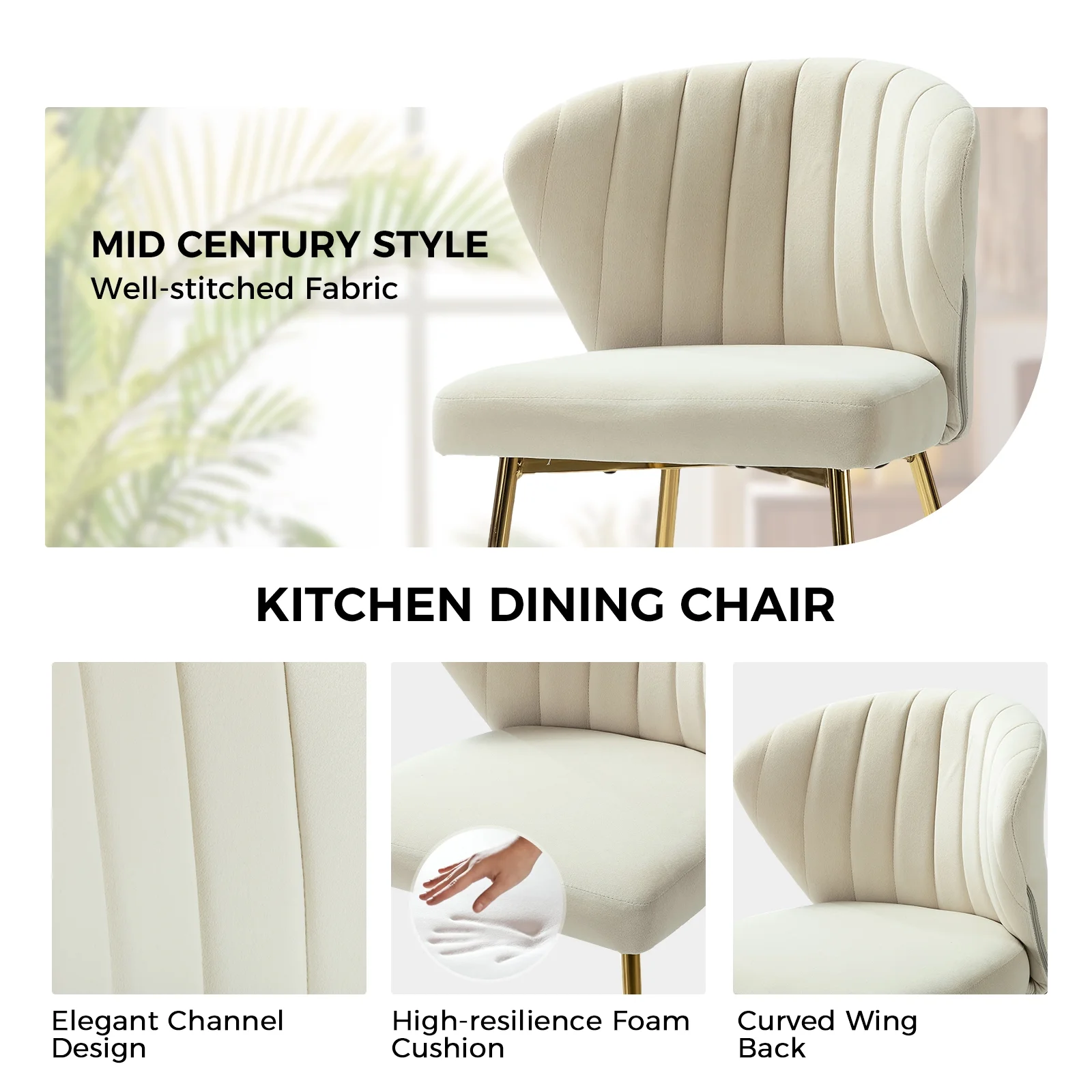 Velvet Upholstery Set of 4 Dining Chairs Channel Tufted Side Chair Metal Legs Kitchen Living Room Bedroom Tan