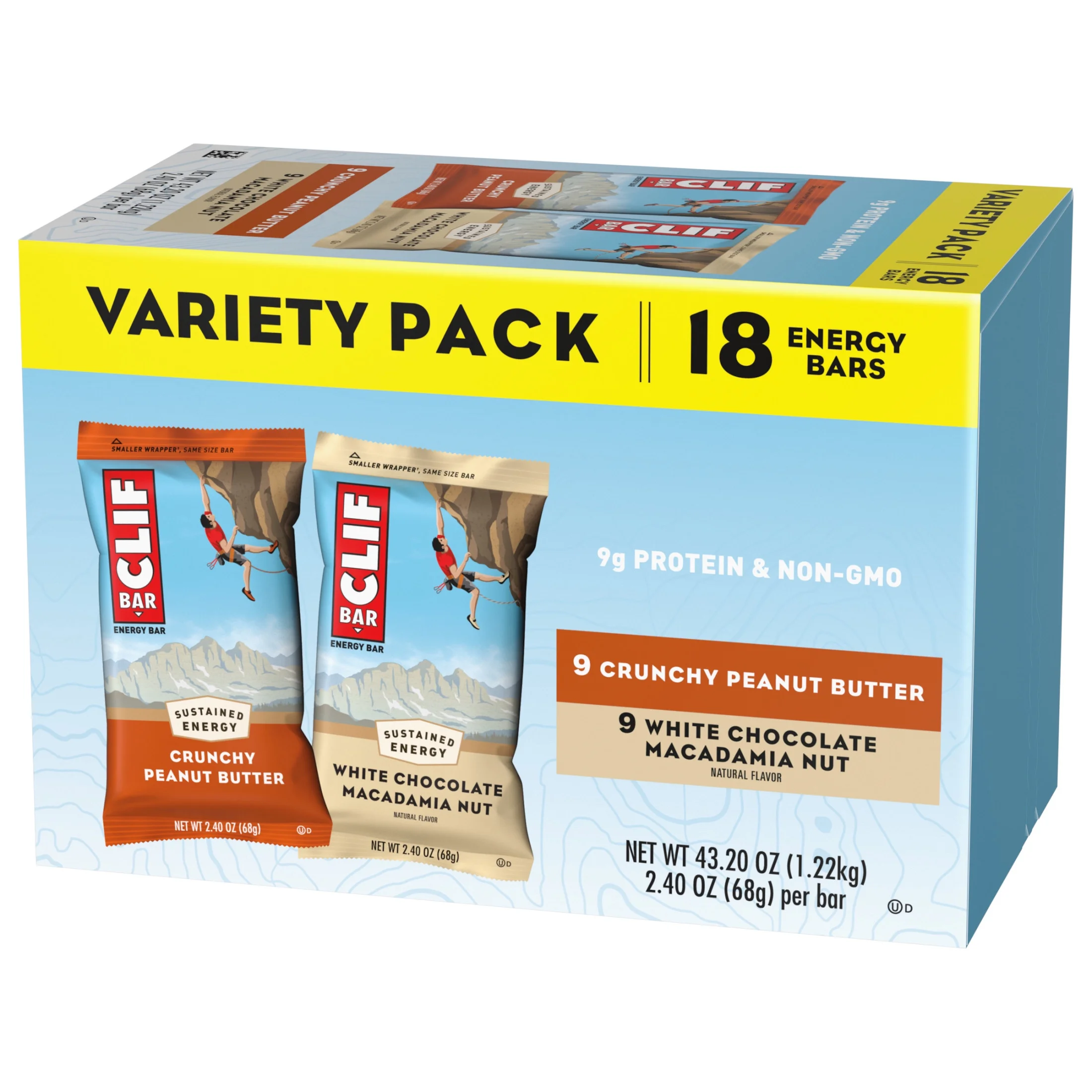 CLIF BAR - Crunchy Peanut Butter and White Chocolate Macadamia Nut Flavor - Variety Pack - Made with Organic Oats - 9-11g Protein - Non-GMO - Plant Based - Energy Bars - 2.4 oz. (18 Count)