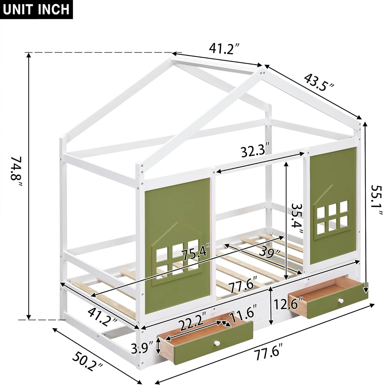 Size Wood House Bed With 2 Drawers Ad Widow Decoratio,Woode Bed Frame With Roof & Widow Desig,White+Olive Gree