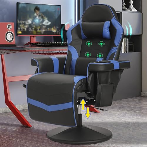 LVUYOYO Reclining Gaming Chair, Gaming Chair with Footrest and Massage, High Back PU Leather Gaming Recliner w/Adjustable Height, Swivel Game Chair with Lumbar Support, Cup Holder, Headrest