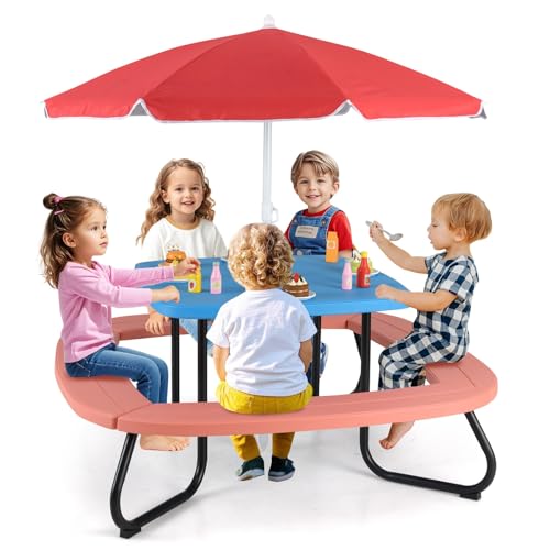 8 Seat Kids Picnic Table with Umbrella & 4 Built-in Benches, Fits 8 Children, Indoor Outdoor Toddler Picnic Table for Backyard Lawn & Patio (White+Blue)