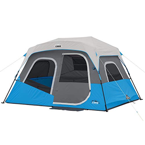 CORE Instant Cabin Tents with LED Lights | 6 Person / 9 Person / 12 Person Family Multi Room Lighted Pop Up Tents for Camping | Included Storage Pockets for Camping Accessories