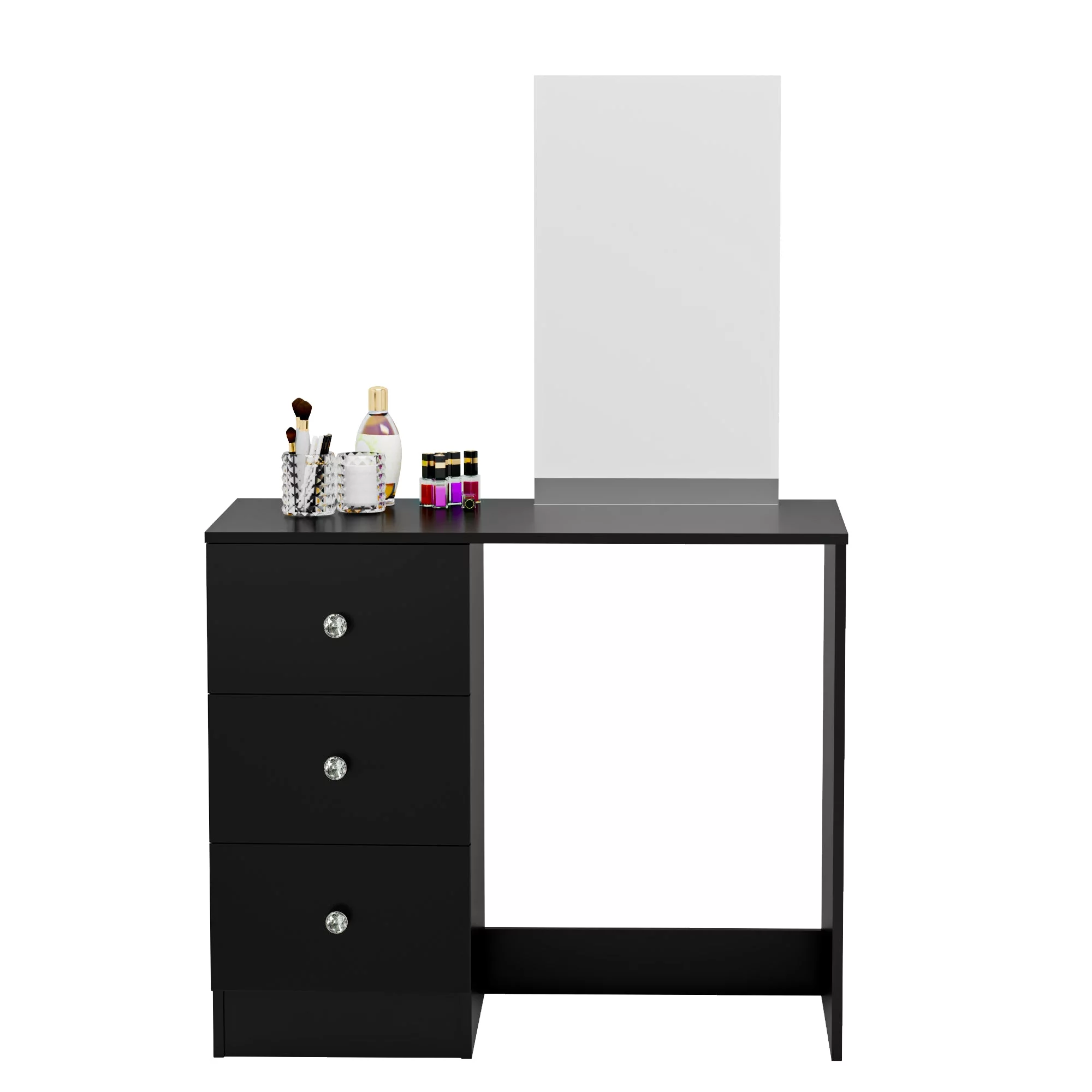 Boahaus Kira MINI Modern Makeup Vanity Table, 3 Drawers, Mirror, Crystal Knobs, Black, for Bedroom