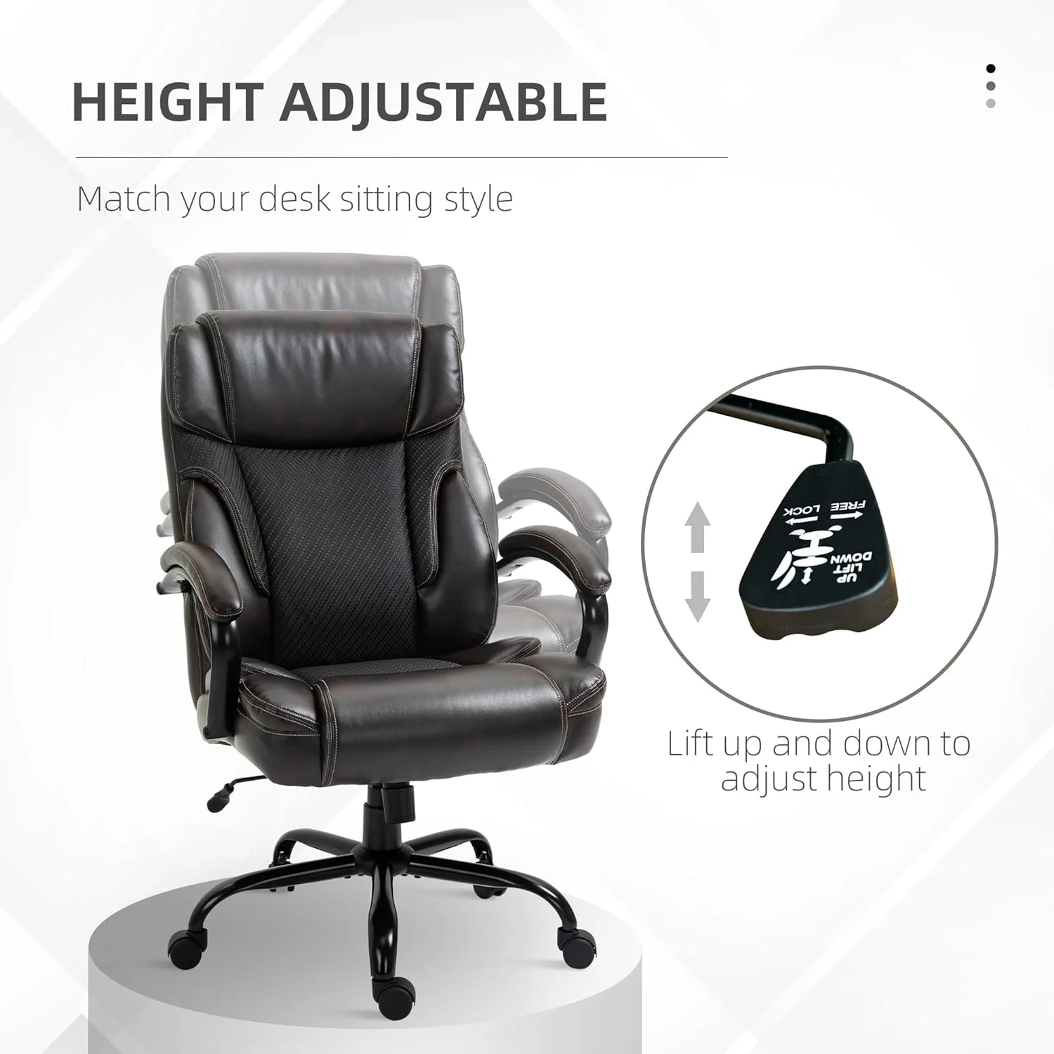 484LBS Big And Tall Ergonomic Executive Office Chair With Wide Seat, High Back Adjustable Computer Task Chair Swivel PU Leather, Brown