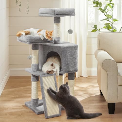 Feandrea Cat Tower, Cat Tree for Indoor Cats, 45.3-Inch Cat Condo with Scratching Post, Ramp, Perch, Spacious Cat Cave, for Kittens, Elderly Cats, Adult Cats, Small Space, Smoky Gray UPCT141G01