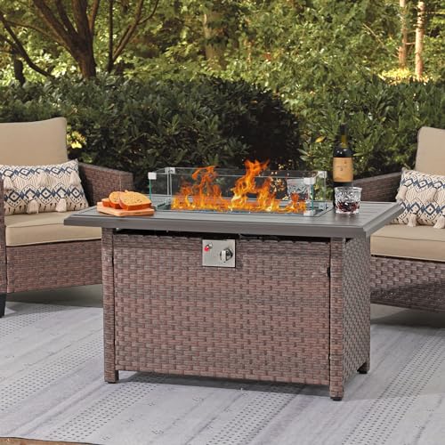 SUNSITT Outdoor Fire Pit Table 43 Inch Wicker Propane Fire Pit with Aluminum Tabletop 50,000 BTU Gas Firepit with Fire Glass, Lid, Cover, Taupe Rattan