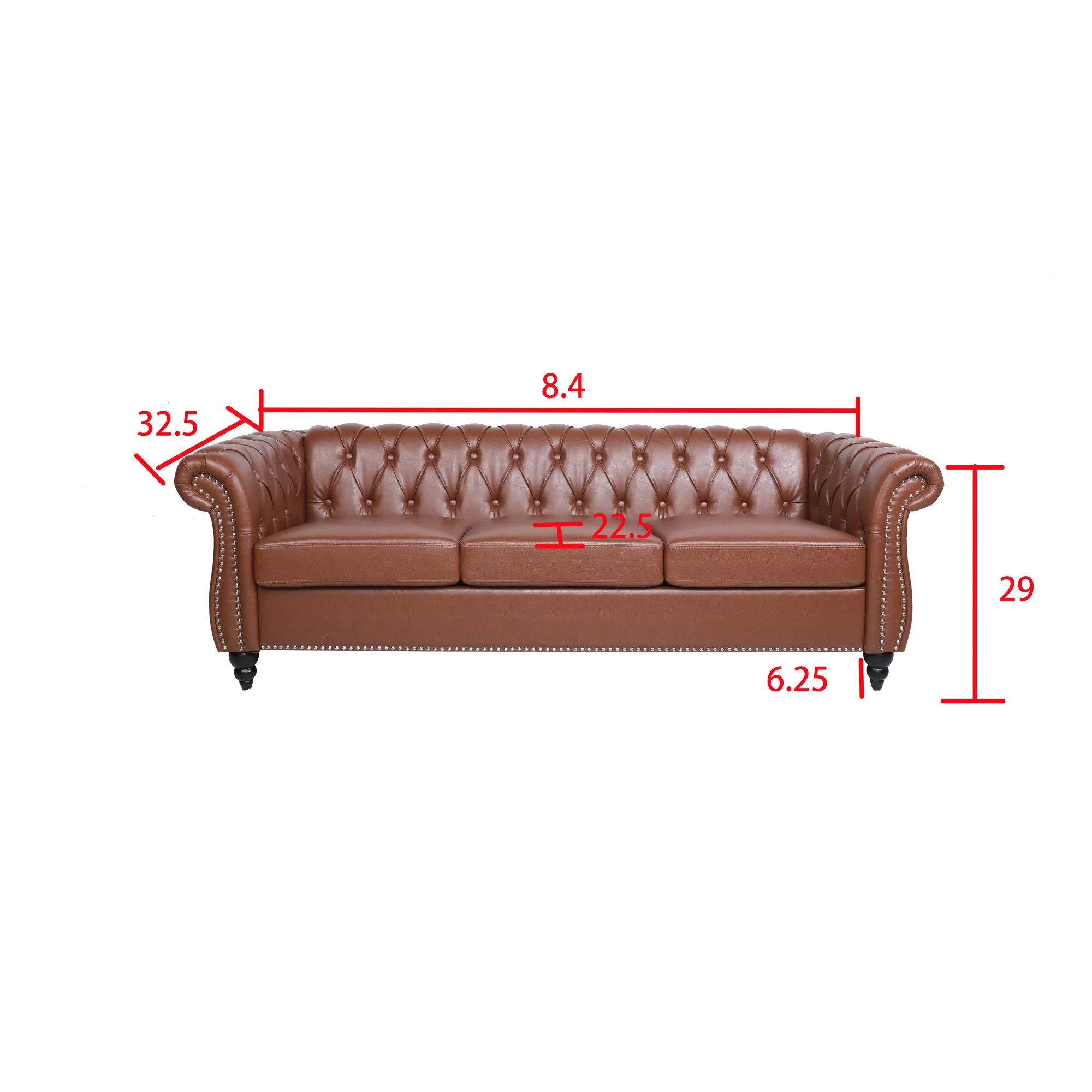 Chairone House 84' Brown Pu Rolled Arm Chesterfield Three Seater Sofa.