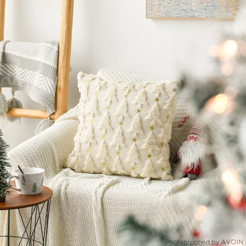 AVOIN colorlife Christmas Tree Star Green Throw Pillow Cover Set of 2, 18 x 18 Inch Soft Plush Faux Fur Jacquard Festivals Winter Cushion Case Decoration for Sofa Couch