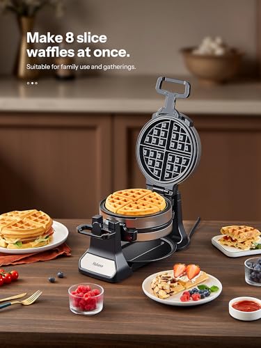 Belgian Waffle Maker, Classic Rotating Waffle Iron with Nonstick Plates, Removable Drip Tray and Cool Touch Handles, Double Flip Waffle, Rotating Belgium Waflera Maker by Yabano, Brushed Stainless