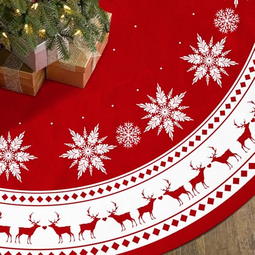 Christmas Tree Skirt 36 inch Large Tree Skirt Snowflake Reindeer Red Xmas Tree Skirt Rustic Christmas Tree Mat Decorations for Winter New Year Holiday Party Decor Indoor Outdoor (Santa, 36inch)