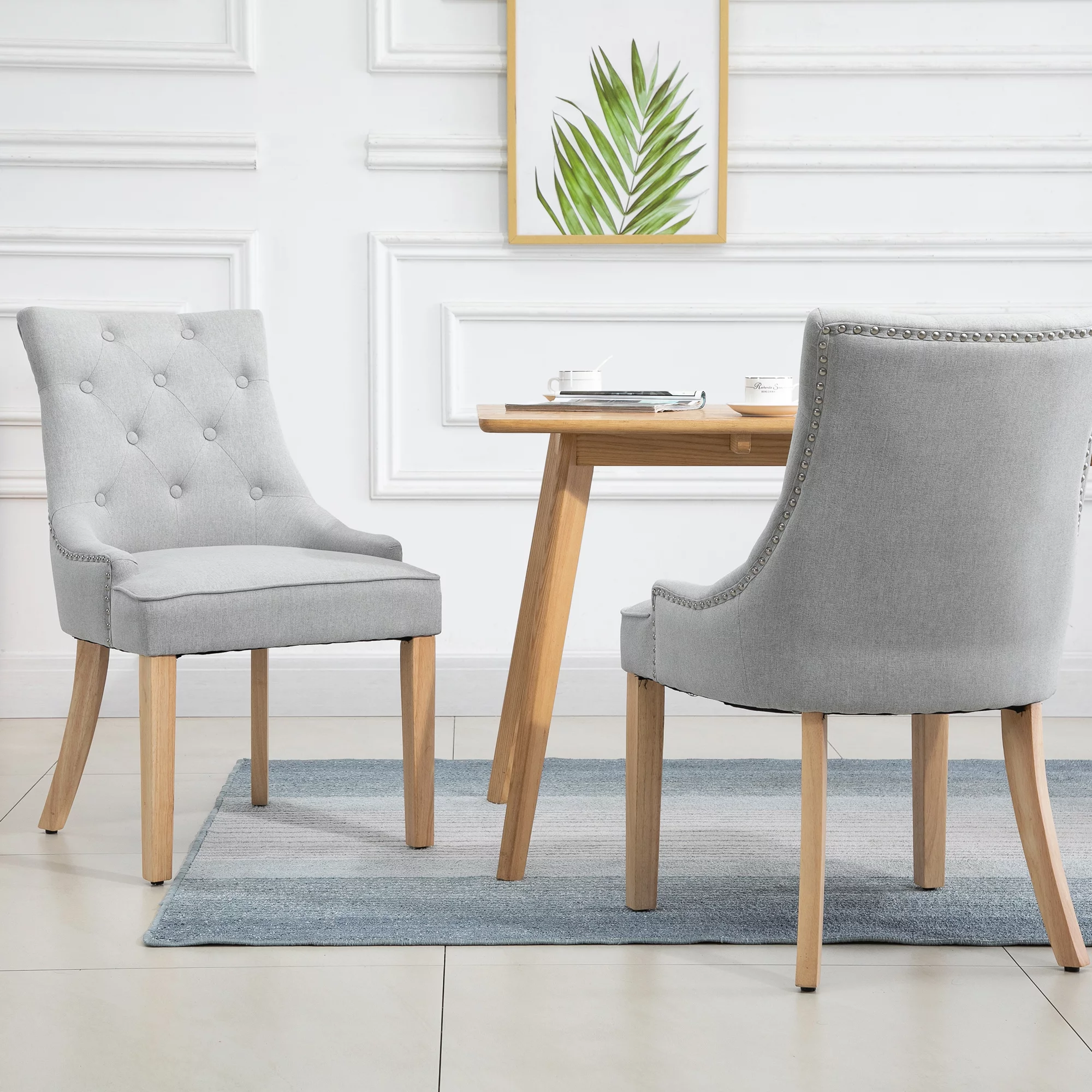 HOMCOM 2 Piece Fabric Dining Chairs Set of 2, Leisure Padded Accent Chair with Armrest, Solid Wooden Legs, Light Grey