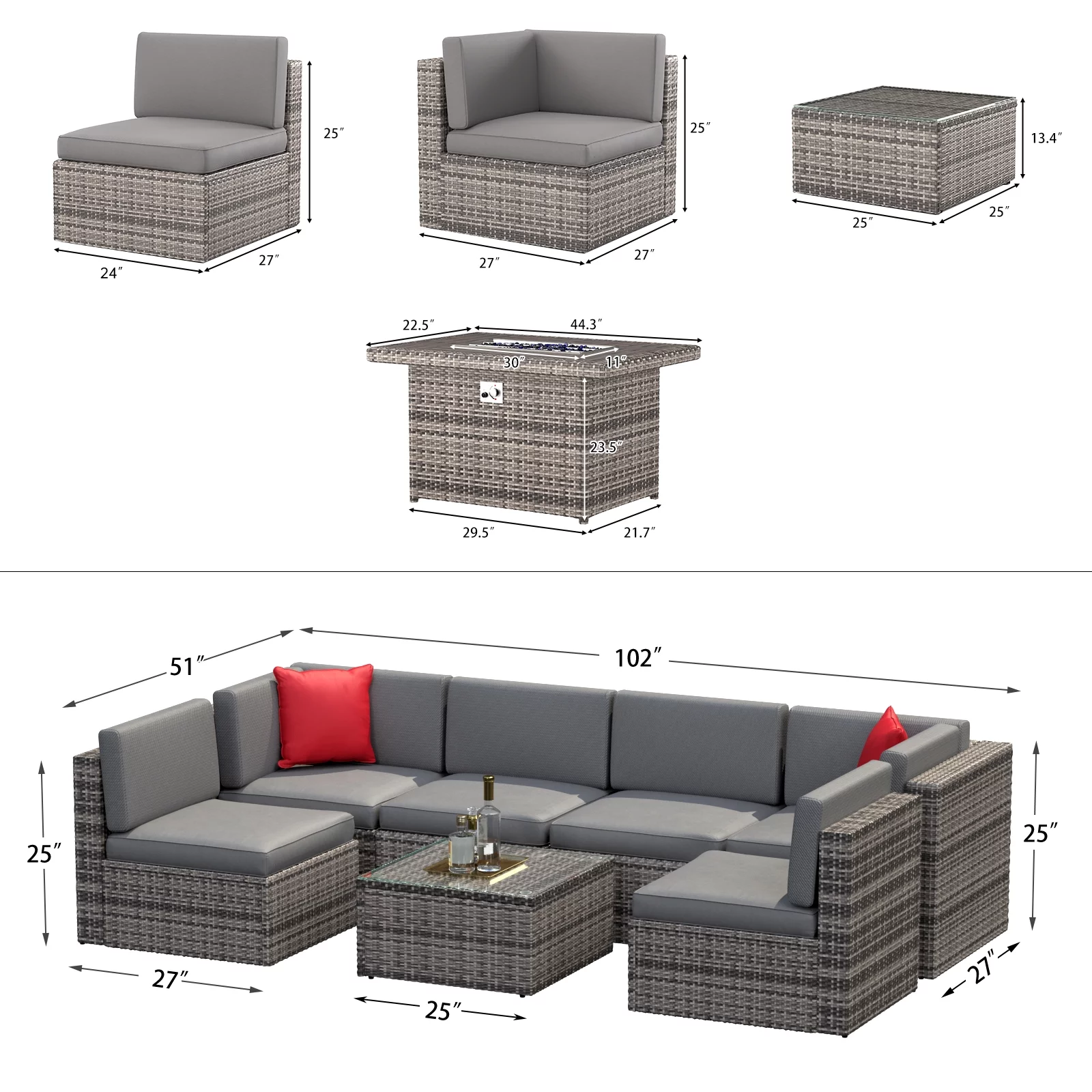 Sunmthink 8 Pcs Patio Furniture Sets with 50000 BTU FirePit Table, Grey