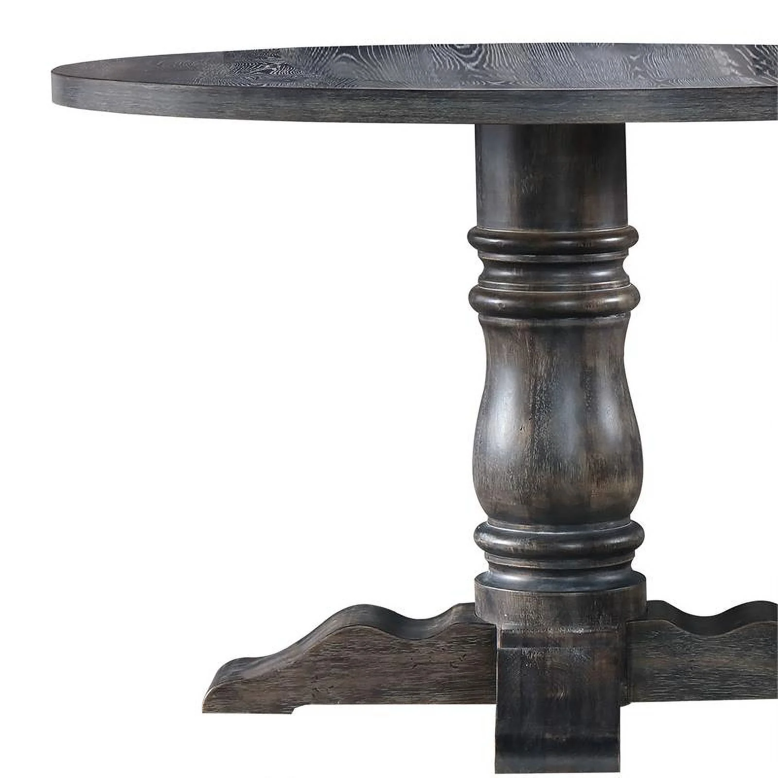 Wooden Round Dining Table With Heavy Pedestal Feet in Weathered Gray