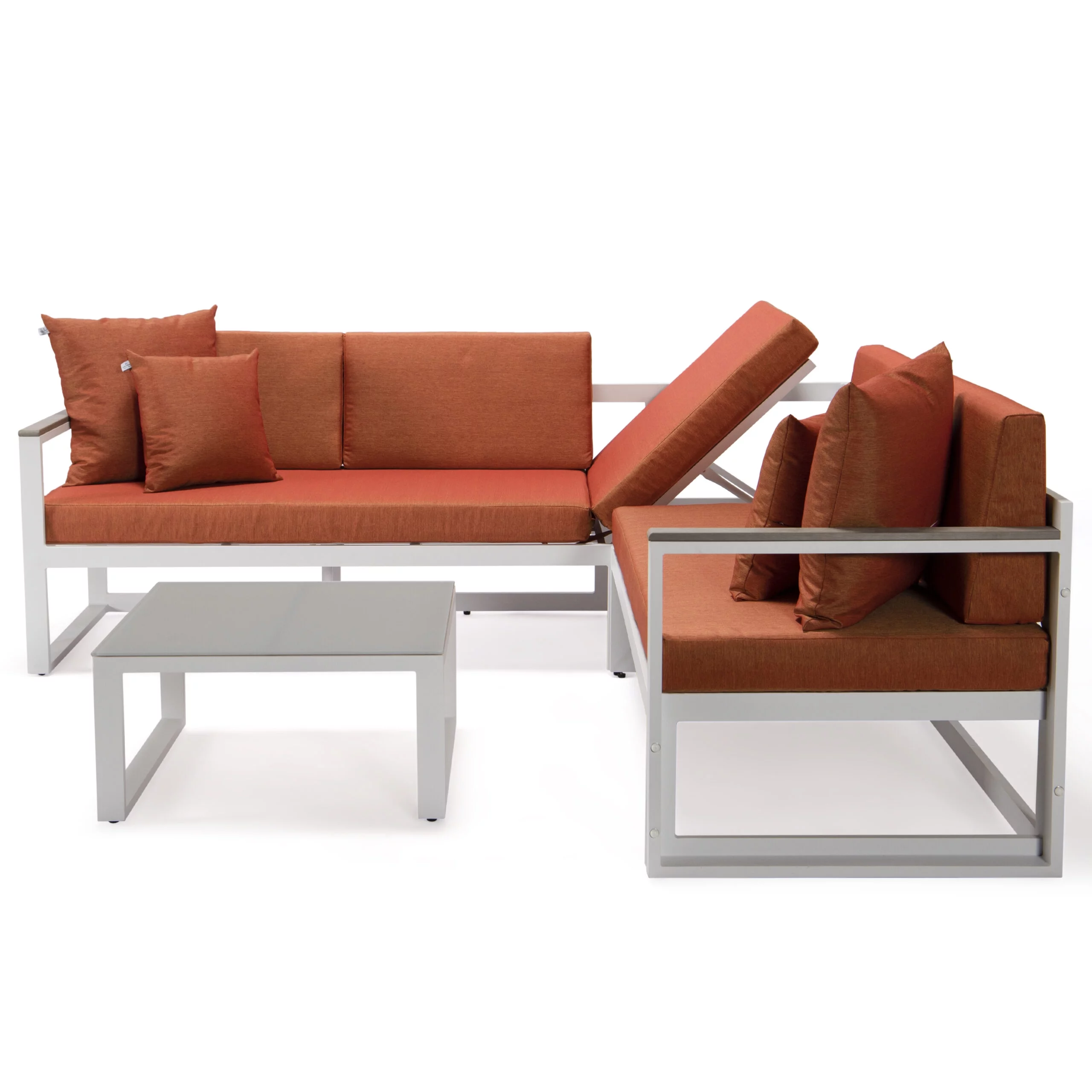 LeisureMod Chelsea White Sectional With Adjustable Headrest & Coffee Table With Cushions