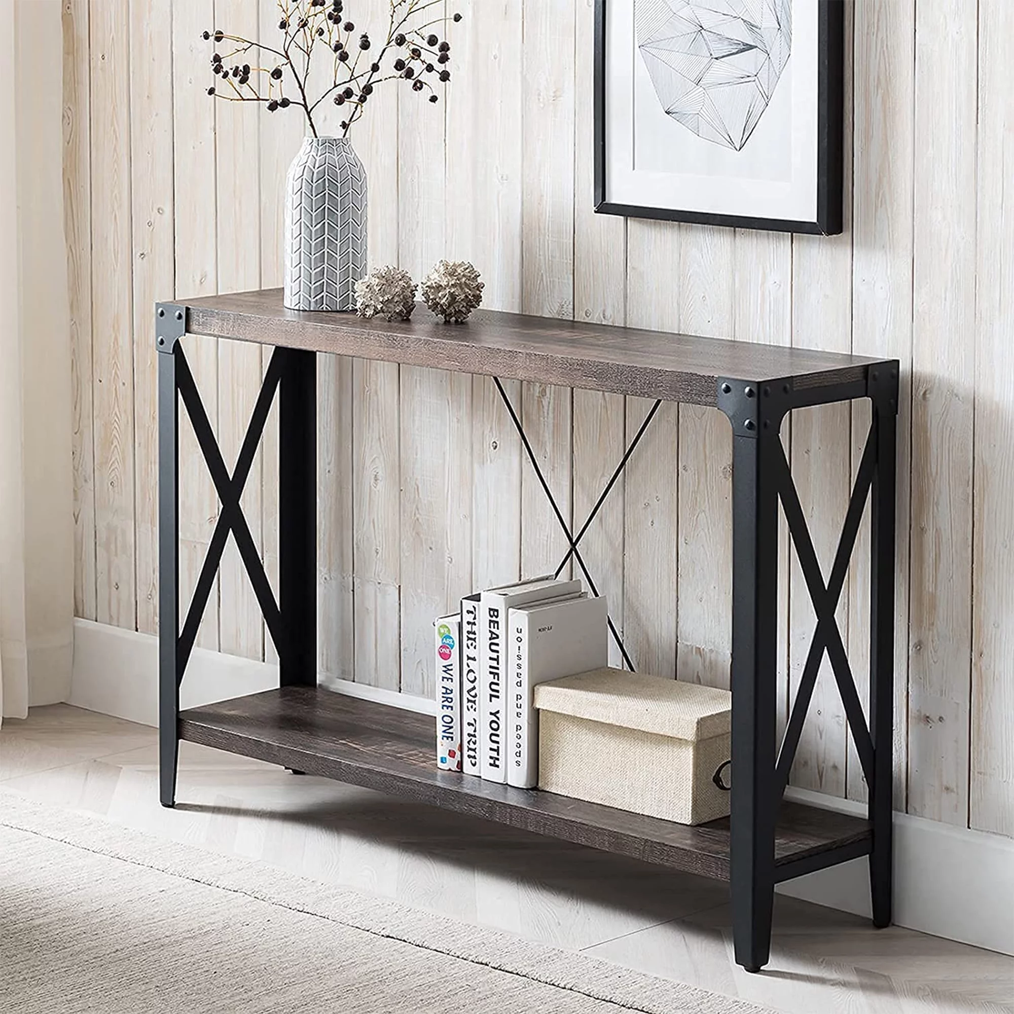 OKD 46 Inch 2-Tier Console Hallway Entryway Accent Table, Dark Rustic Oak